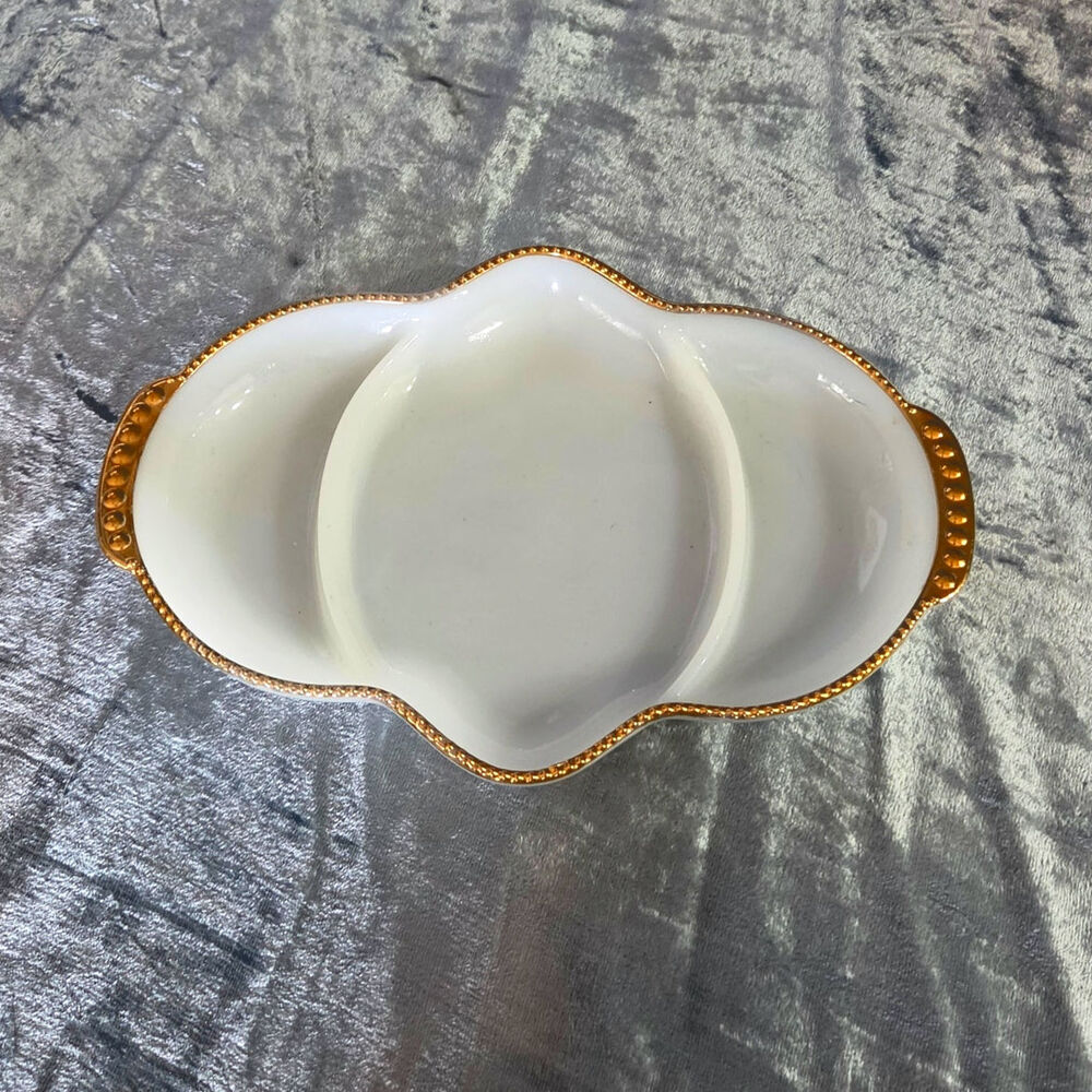 VINTAGE FIRE KING milk glass 3 section divided dish 22K gold trim